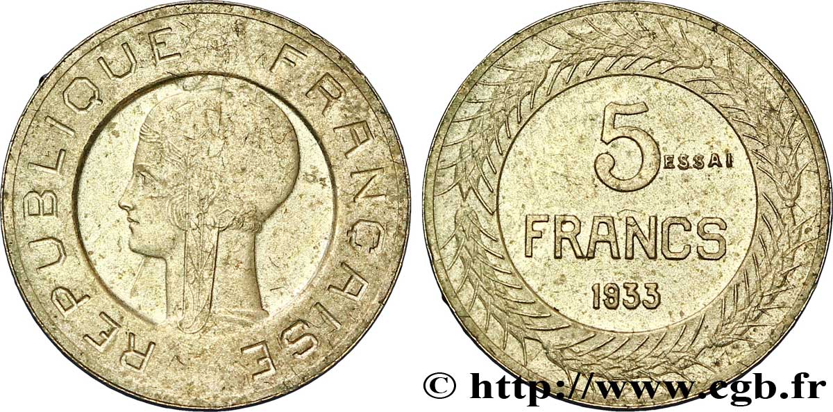 Concours de 5 francs, essai de Cochet, petit module 1933  VG.5354  b TTB 