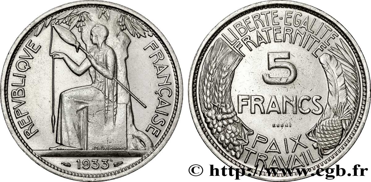 Concours de 5 francs, essai de Delannoy 1933  VG.5356  SUP 