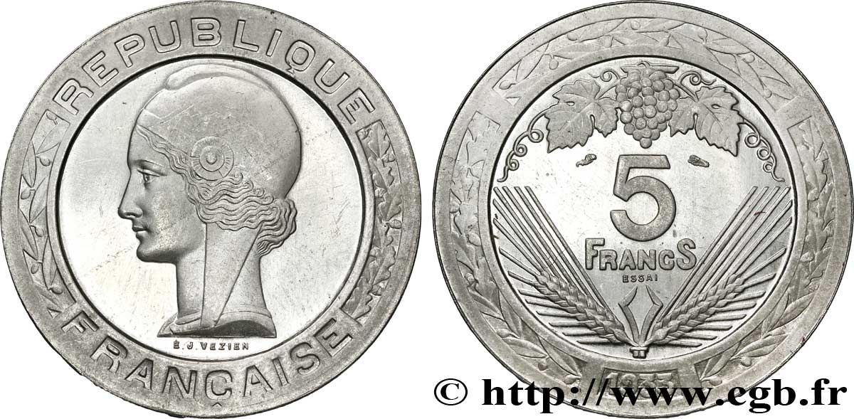 Concours de 5 francs, essai de Vézien, en aluminium, poids intermédiaire, 4 g 1933  VG.5362 B MS 
