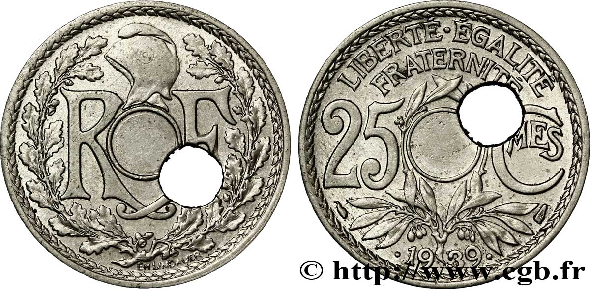 25 centimes Lindauer, maillechort, perforation décentrée 1939  F.172/3 TTB 