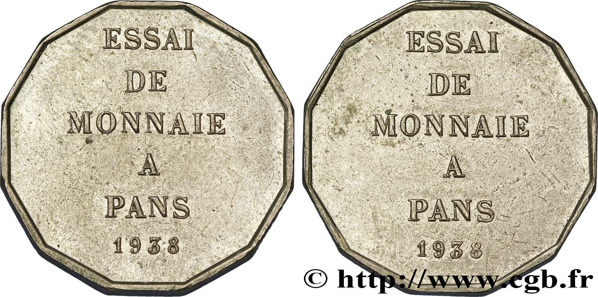 Essai de fabrication de monnaie à 12 pans 1938  VG.5489  G SUP 