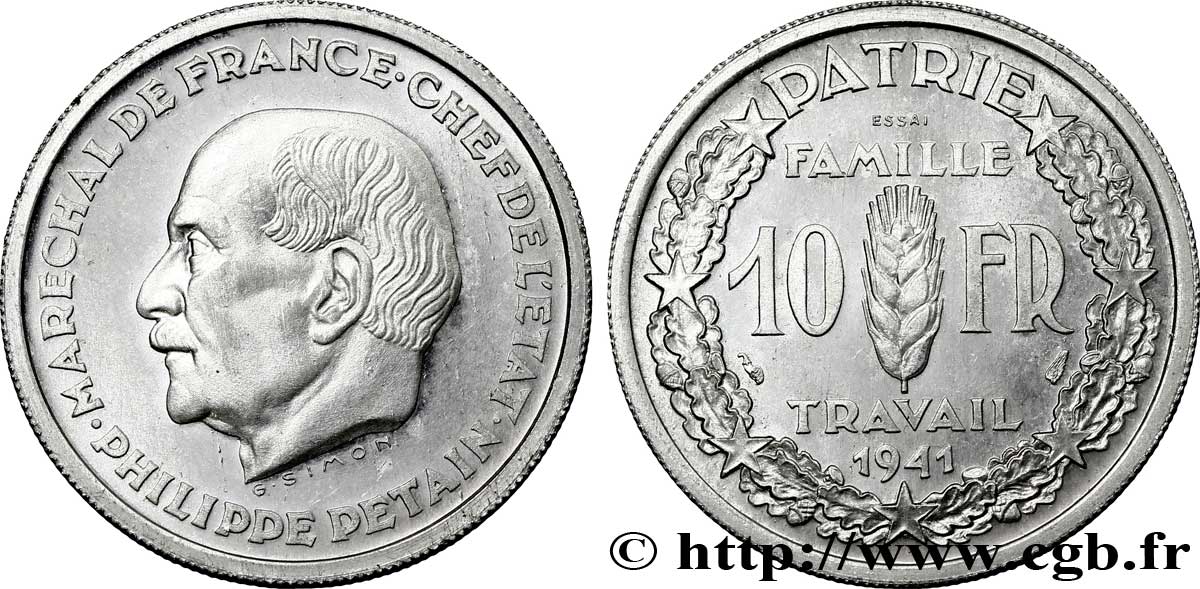 Essai de 10 francs Pétain en aluminium par Simon, poids léger 1941  VG.5571 var. AU 