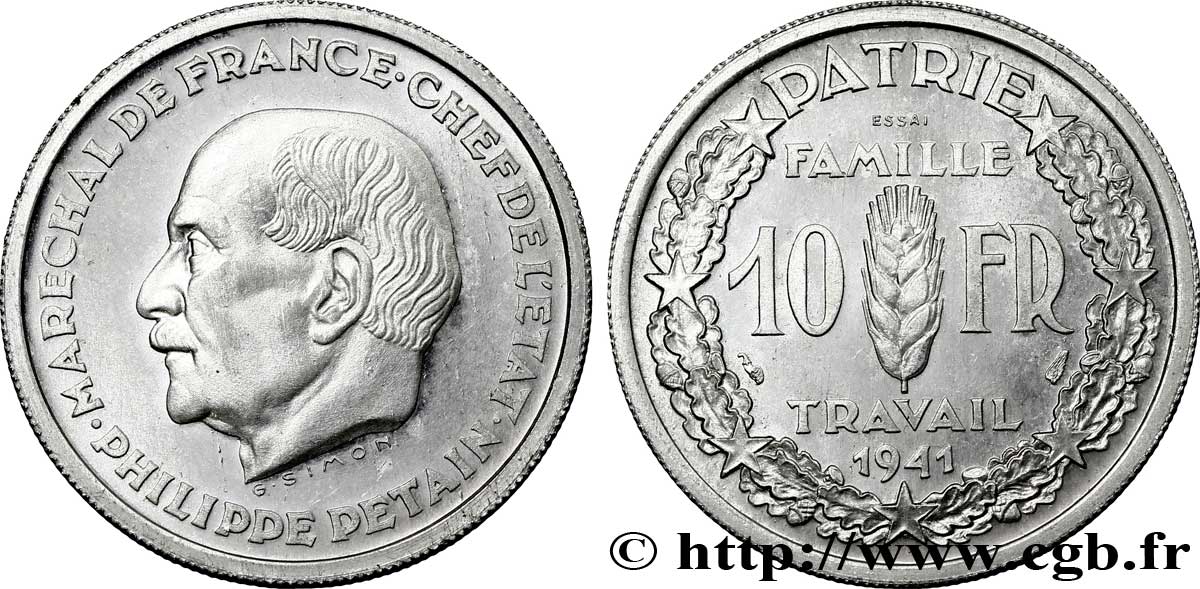 Essai de 10 francs Pétain en aluminium par Simon, poids léger 1941  VG.5571 var. SUP 