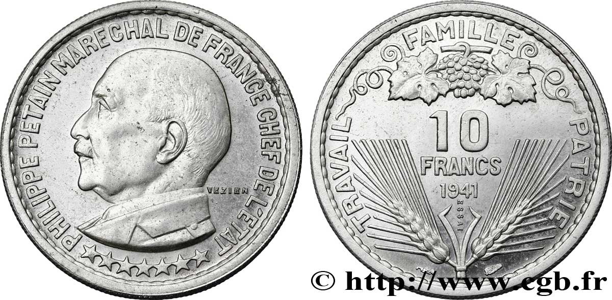 Essai de 10 francs Pétain en aluminium par Vézien 1941  VG.5572 var. fST 