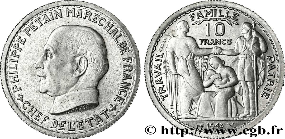 Essai de 10 francs Pétain en aluminium par Bazor/Vézien 1943  VG.- - SUP 