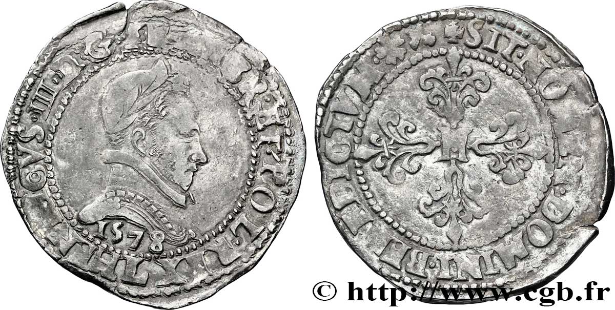 HENRI III Franc au col plat, fauté avec FRANCR 1578 Bayonne TB+