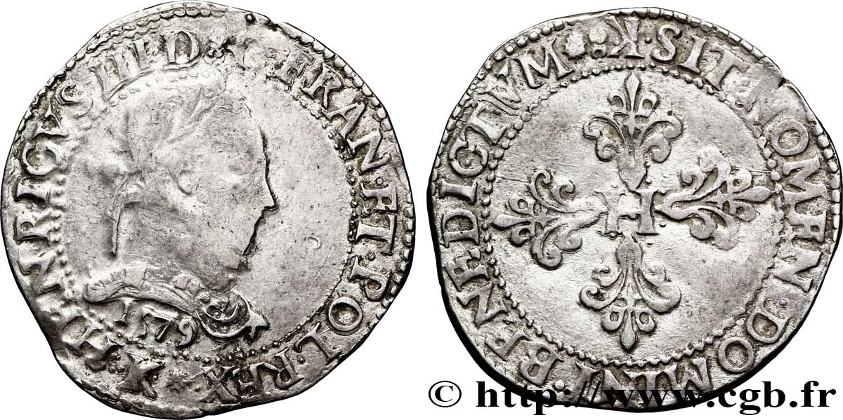 HENRI III Franc au col plat 1579 Bordeaux TB+/TTB