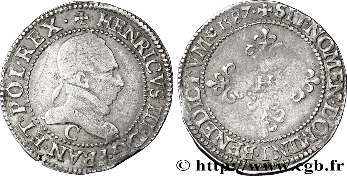 HENRI III Demi-franc au col plat 1587 Saint-Lô TTB/TB+