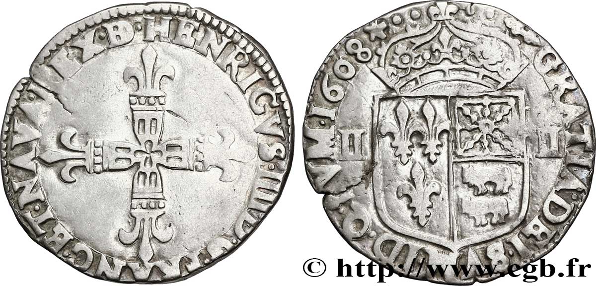 HENRY IV Quart d écu de Béarn 1608 Morlaàs XF
