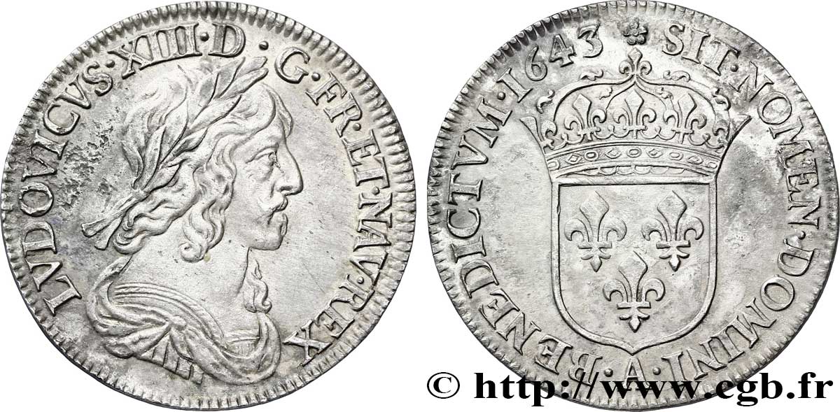 LOUIS XIII LE JUSTE Quart d écu, buste drapé et cuirassé (2e buste de Jean Warin) 1643 Paris, Monnaie de Matignon TTB/TTB+
