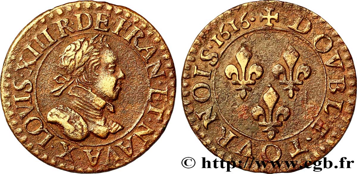 LOUIS XIII LE JUSTE Double tournois, type 2 1616 Amiens TTB+/TTB