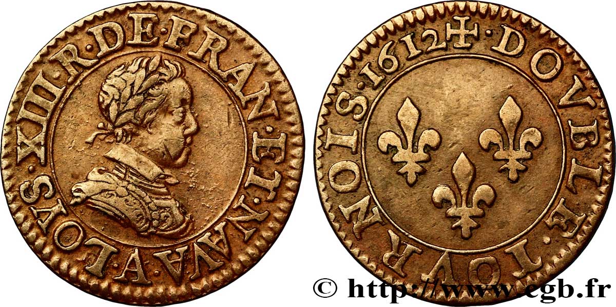 LOUIS XIII LE JUSTE Double tournois, type 1 1612 Paris, Moulin du Louvre TTB+