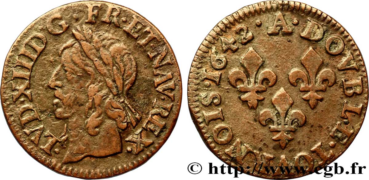 LOUIS XIII LE JUSTE Double tournois, type de Warin 1642 Corbeil TTB