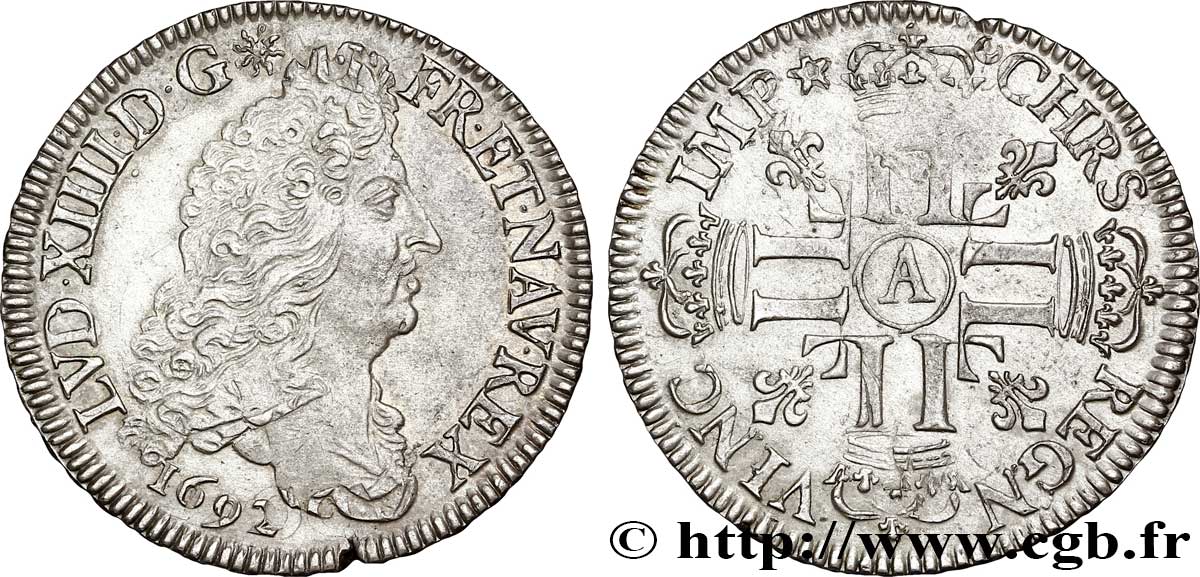 LOUIS XIV LE GRAND OU LE ROI SOLEIL Demi-écu aux huit L, 1er type 1692 Paris TTB+/TTB