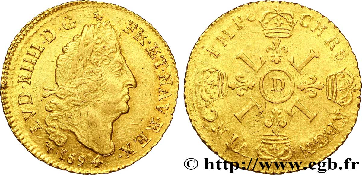 LOUIS XIV LE GRAND OU LE ROI SOLEIL Louis d or aux quatre L 1694 Lyon TTB+/TTB