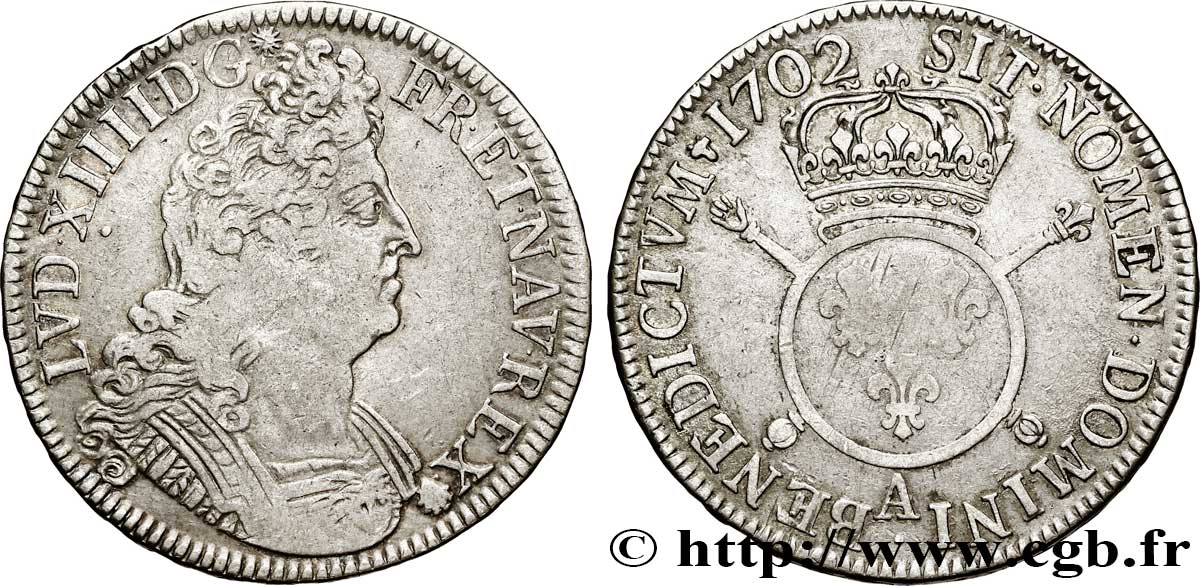 LOUIS XIV  THE SUN KING  Écu aux insignes 1702 Paris q.BB