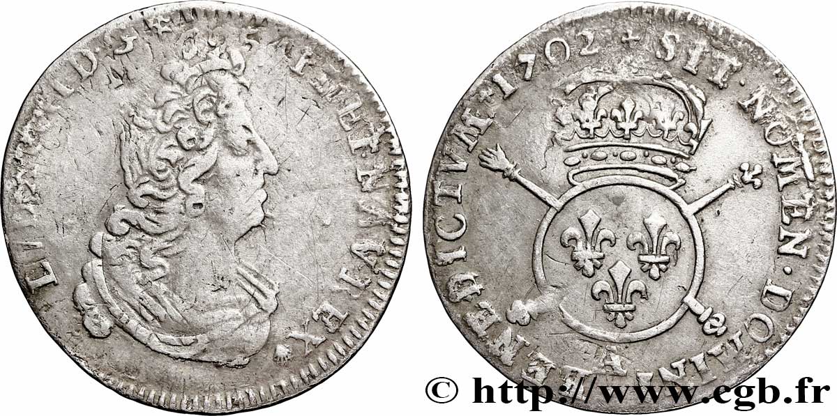 LOUIS XIV LE GRAND OU LE ROI SOLEIL Douzième d écu aux insignes 1702 Paris TB+/TTB