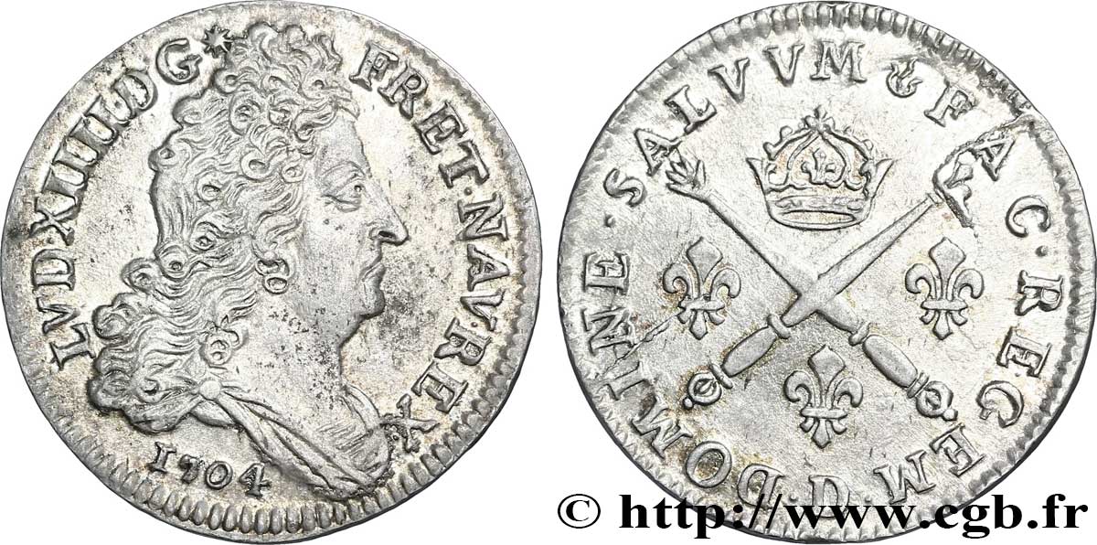 LOUIS XIV  THE SUN KING  Dix sols aux insignes 1704 Lyon EBC