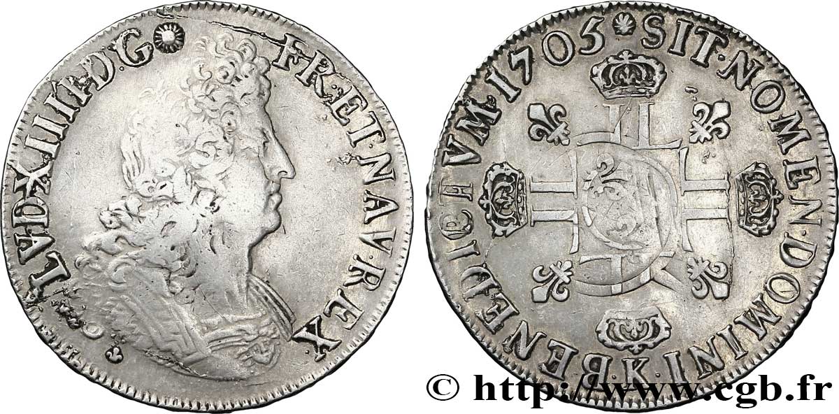 LOUIS XIV LE GRAND OU LE ROI SOLEIL Écu aux huit L, 2e type, portrait du type aux palmes 1705 Bordeaux TB+