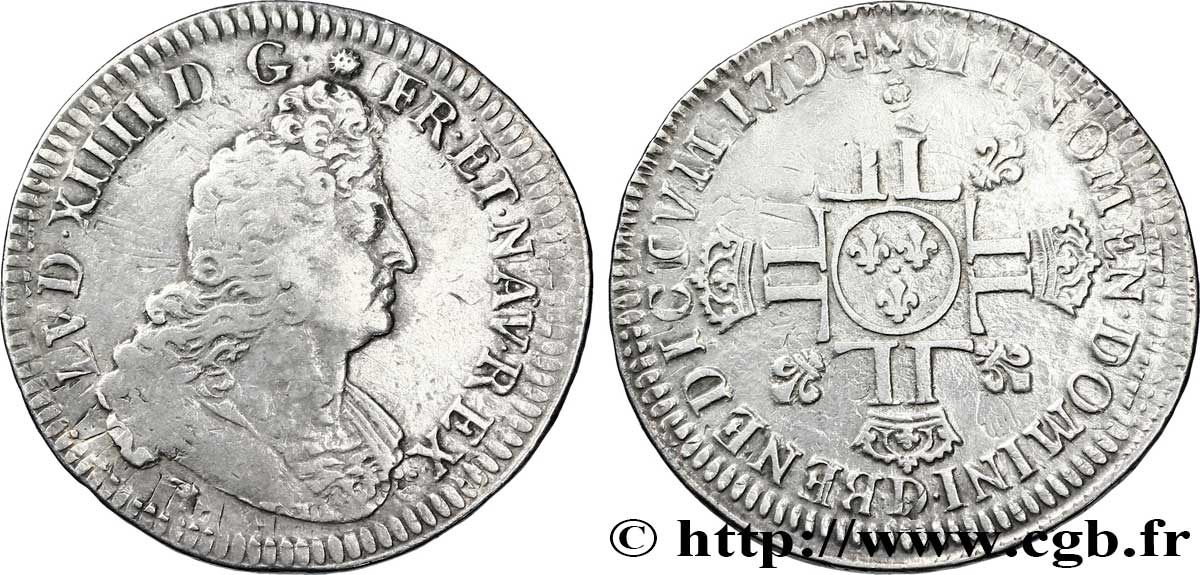 LOUIS XIV  THE SUN KING  Demi-écu aux huit L, 2e type 1704 Lyon q.BB/BB