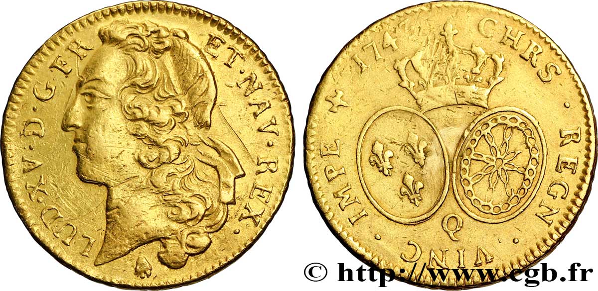 LOUIS XV DIT LE BIEN AIMÉ Double louis d’or aux écus ovales, tête ceinte d’un bandeau 1743 Perpignan TTB