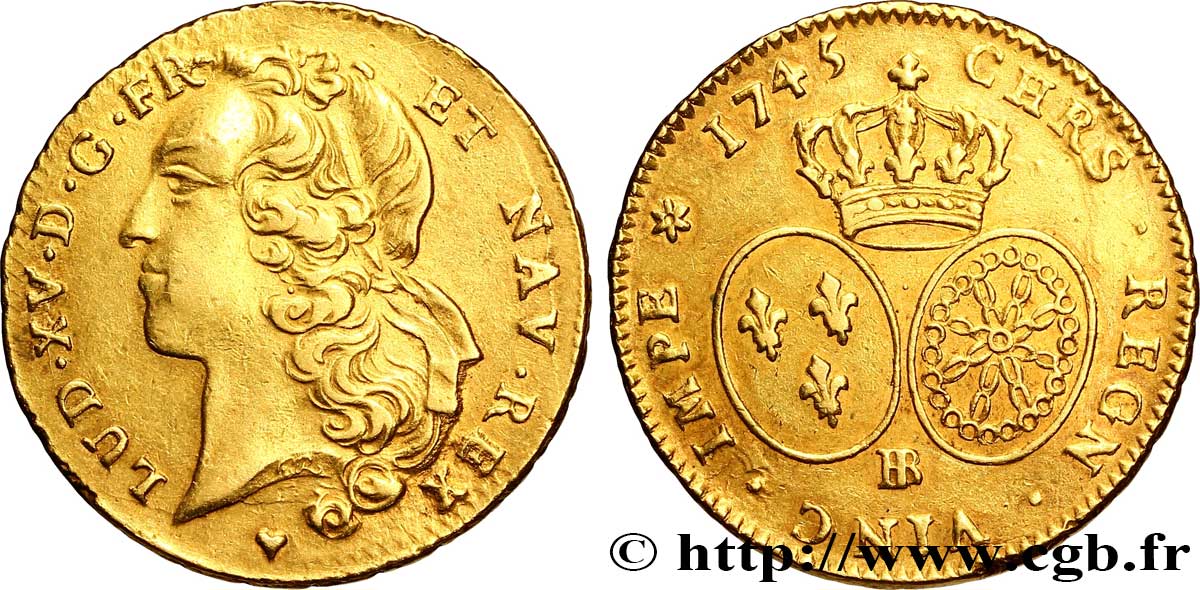 LOUIS XV DIT LE BIEN AIMÉ Double louis d’or aux écus ovales, tête ceinte d’un bandeau 1745 Strasbourg TTB+