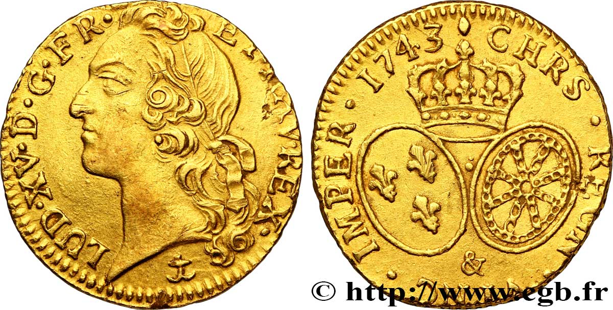 LOUIS XV  THE WELL-BELOVED  Louis d’or aux écus ovales, tête ceinte d’un bandeau 1743 Aix-en-Provence AU