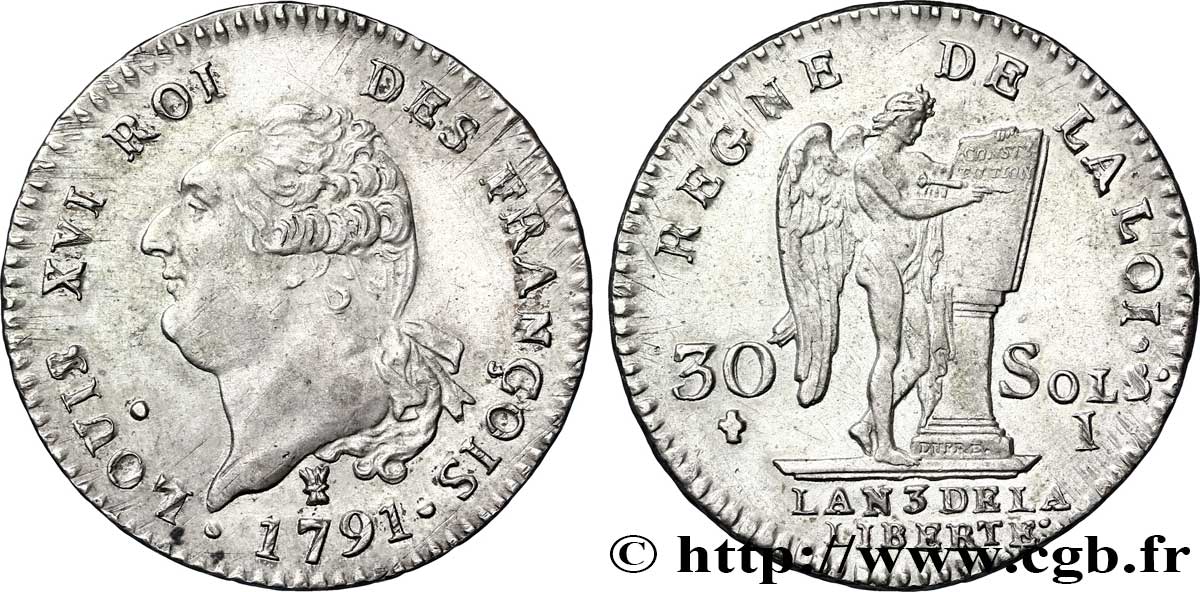 LOUIS XVI (MONARQUE CONSTITUTIONNEL)  30 sols dit  au génie , type FRANÇOIS 1791 Limoges TTB+