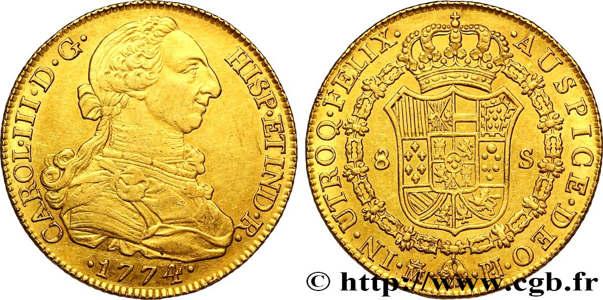 ESPAGNE - ROYAUME D ESPAGNE - CHARLES III Huit escudos 1774 Madrid AU/AU