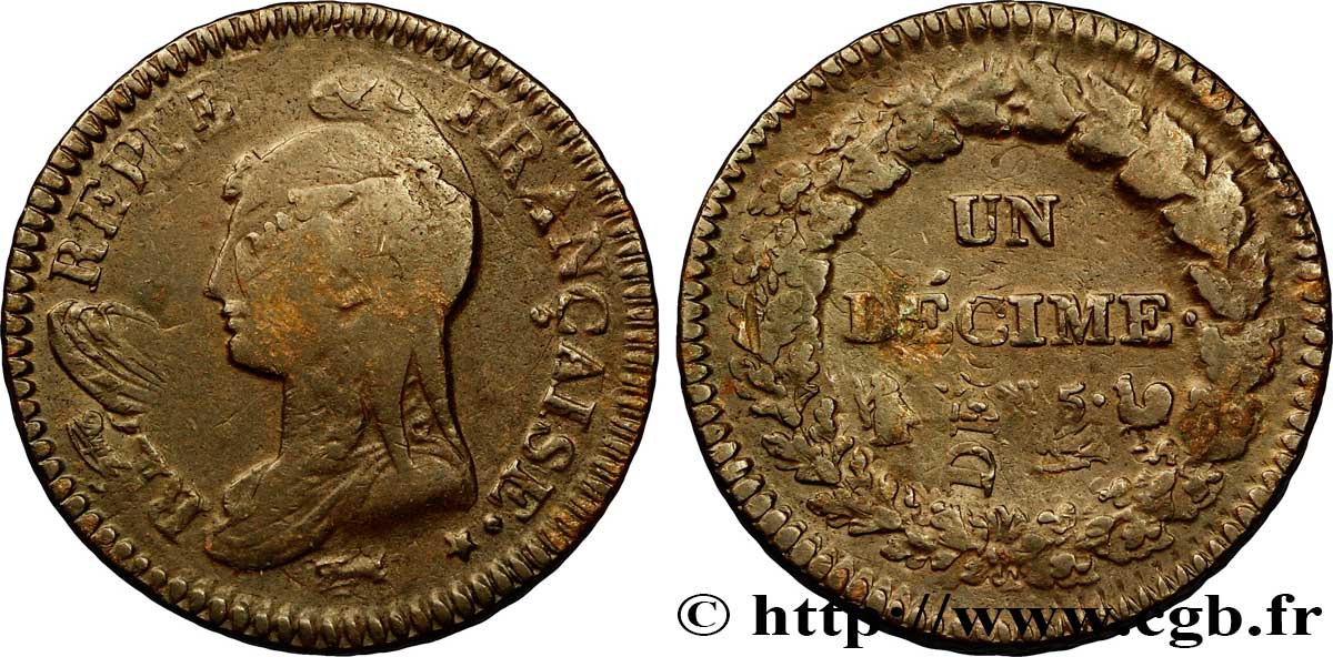 Un décime Dupré, grand module,  refrappage  du 2 décimes 1797 Orléans F.128/10 TB 