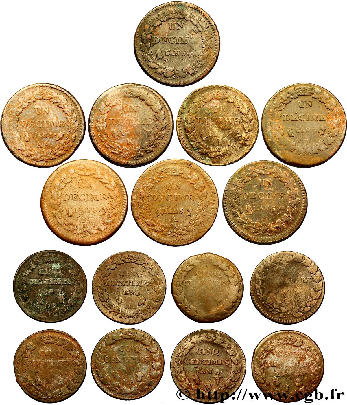 Lot de 1 pièce d’Un décime Dupré, grand module, “refrappage” du 2 décimes (F.128), de 7 pièces d’Un décime Dupré, grand module (F.129) et de 8 pièces de Cinq centimes Dupré, grand module (F.115) n.d. - F.-/- B/TB 