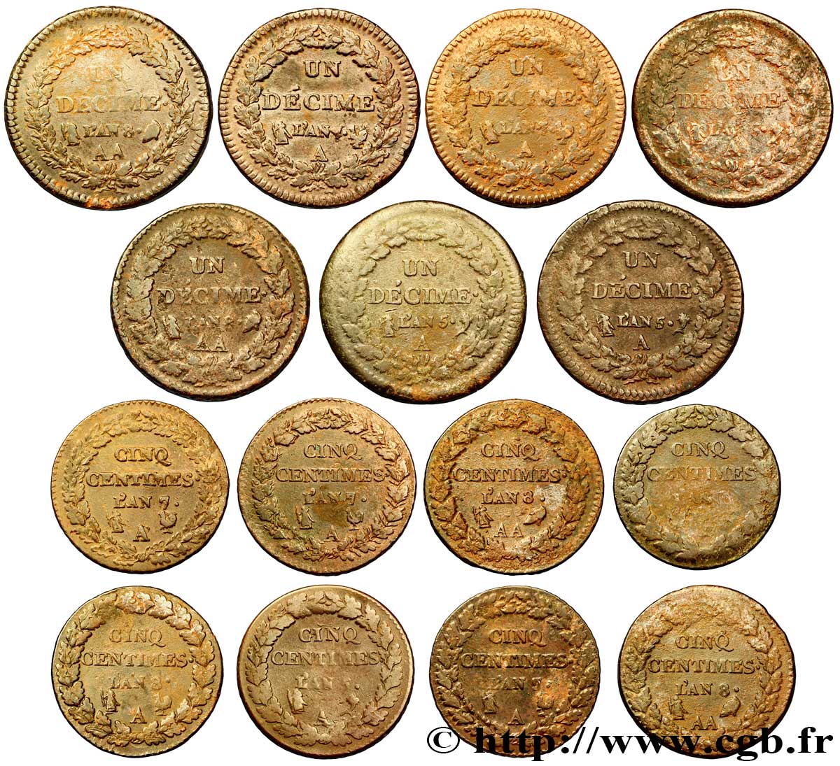 Lot de 7 pièces d’Un décime Dupré, grand module (F.129) et de 8 pièces de Cinq centimes Dupré, grand module (F.115) n.d. - F.-/- VG/VF 