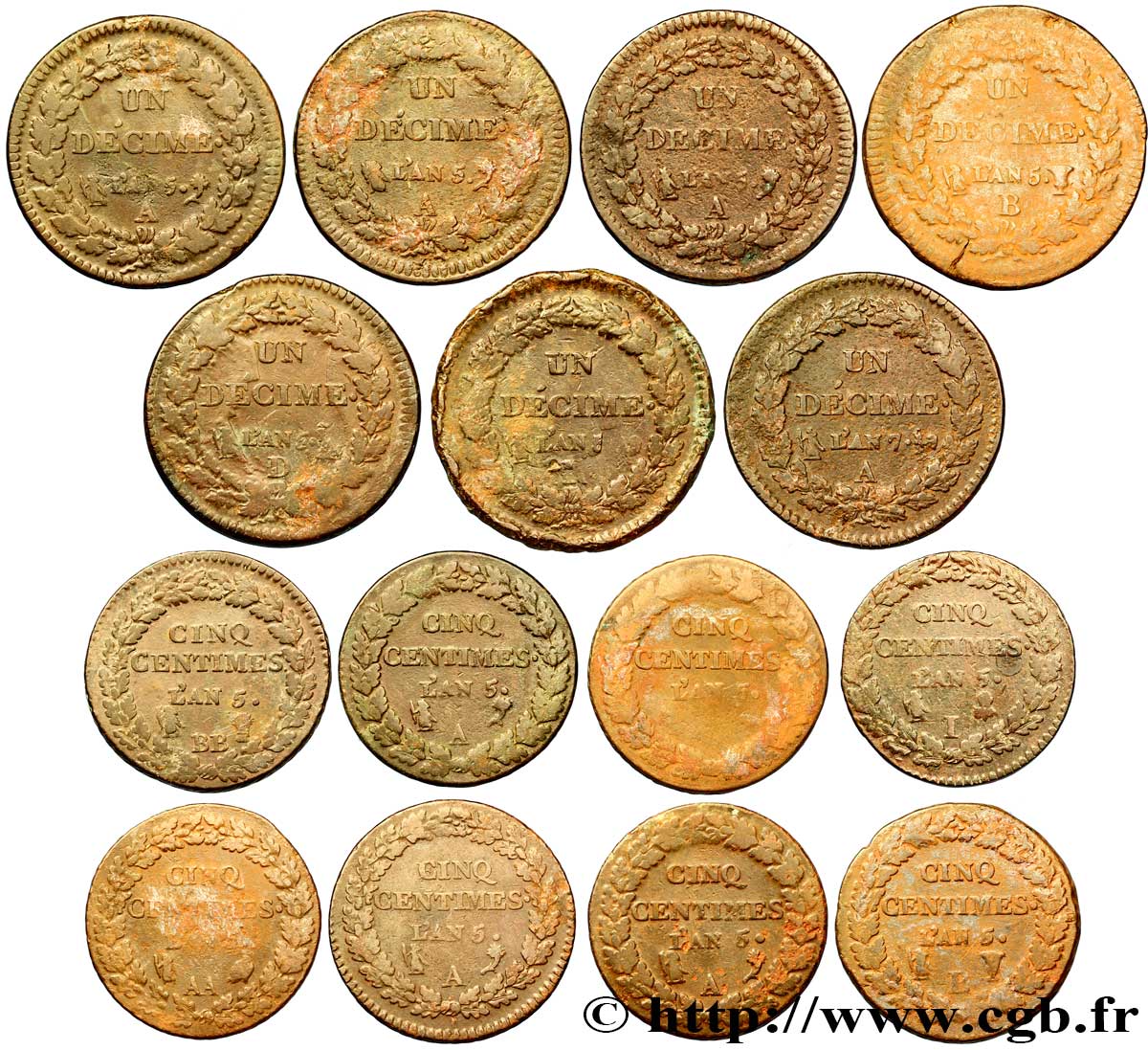 Lot de 7 pièces d’Un décime Dupré, grand module (F.129) et de 8 pièces de Cinq centimes Dupré, grand module (F.115) n.d. - F.-/- RC/BC 