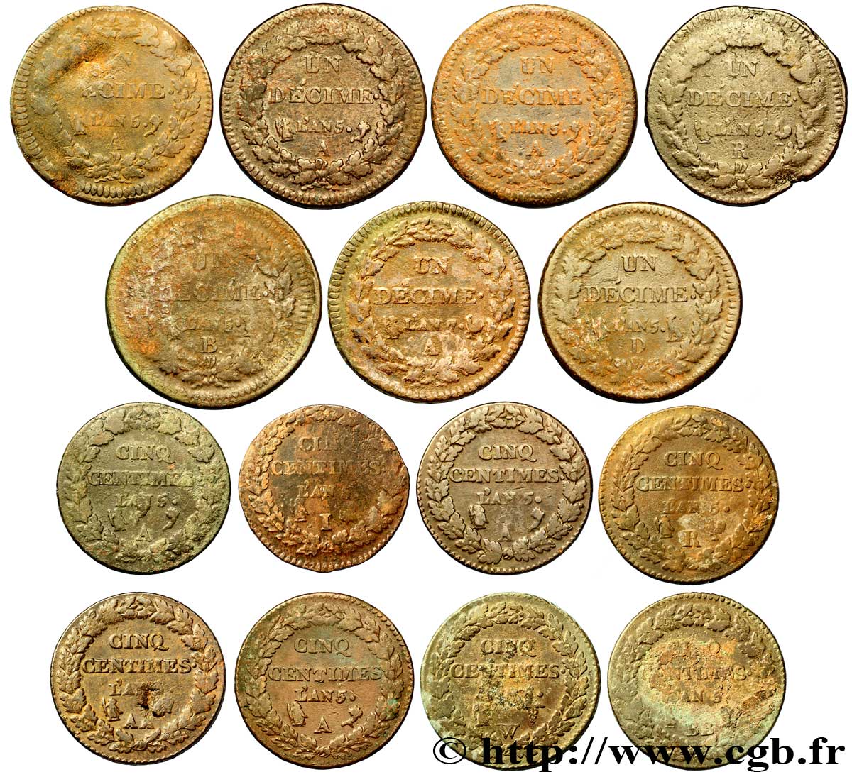Lot de 7 pièces d’Un décime Dupré, grand module (F.129) et de 8 pièces de Cinq centimes Dupré, grand module (F.115) n.d. - F.-/- VG/VF 