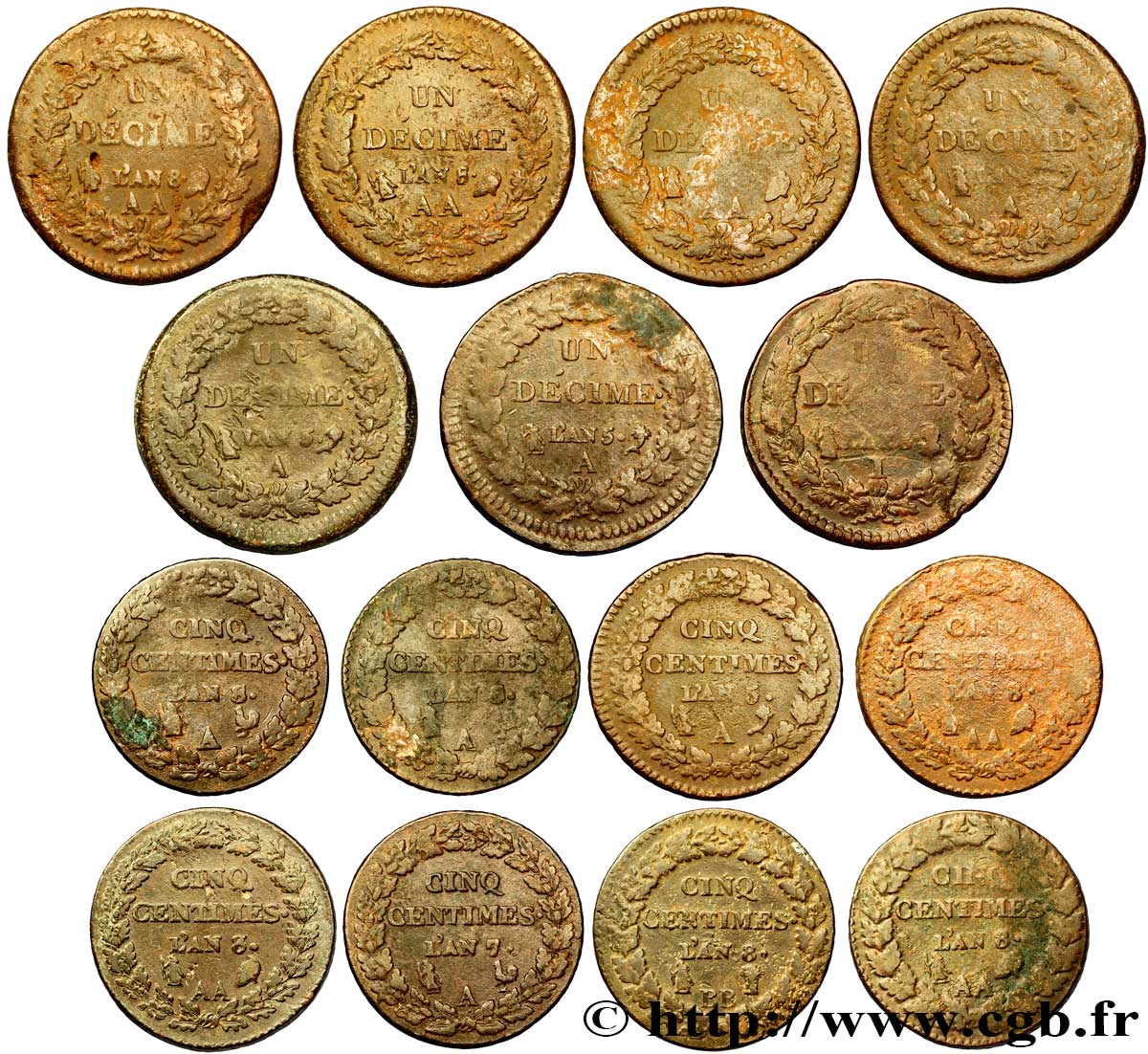 Lot de 7 pièces d’Un décime Dupré, grand module (F.129) et de 8 pièces de Cinq centimes Dupré, grand module (F.115) n.d. - F.-/- B/MB 