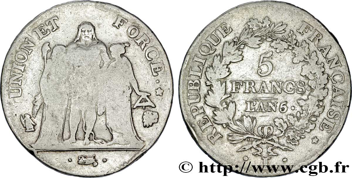 5 francs Union et Force, Union serré, seulement gland extérieur 1797 Bayonne F.288/24 VG 