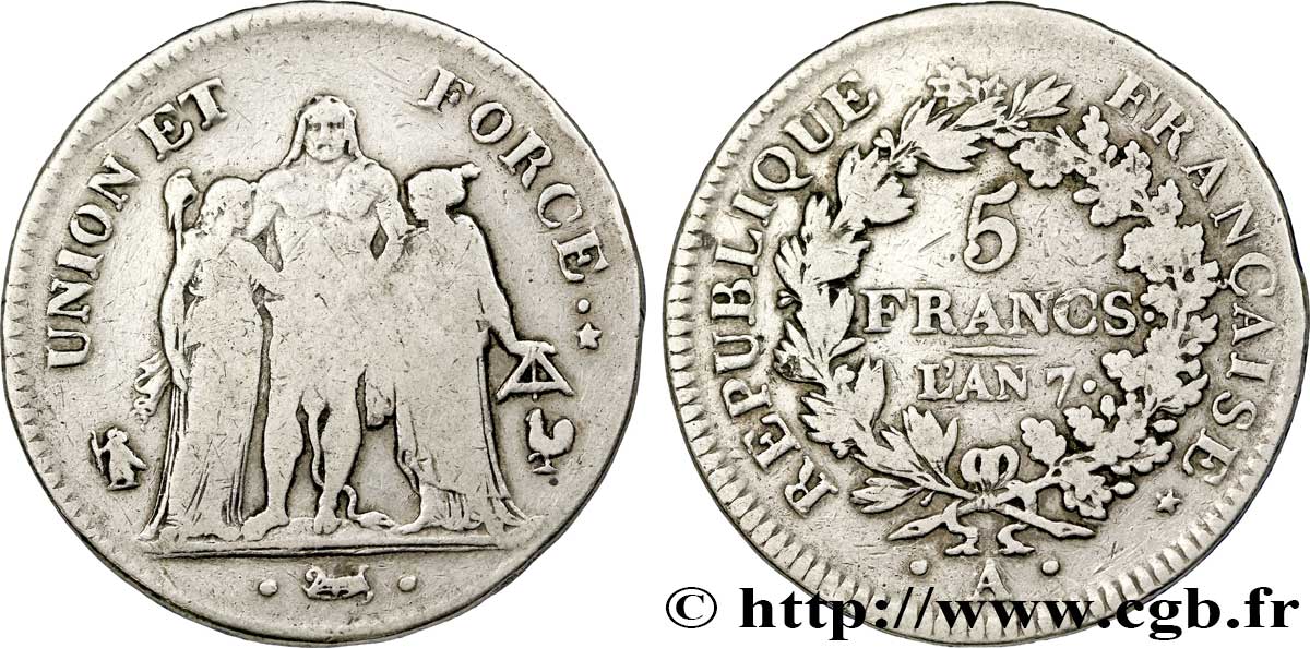 5 francs Union et Force, Union serré, gland intérieur haut, gland extérieur, petite feuille 1799 Paris F.288/100 TB 