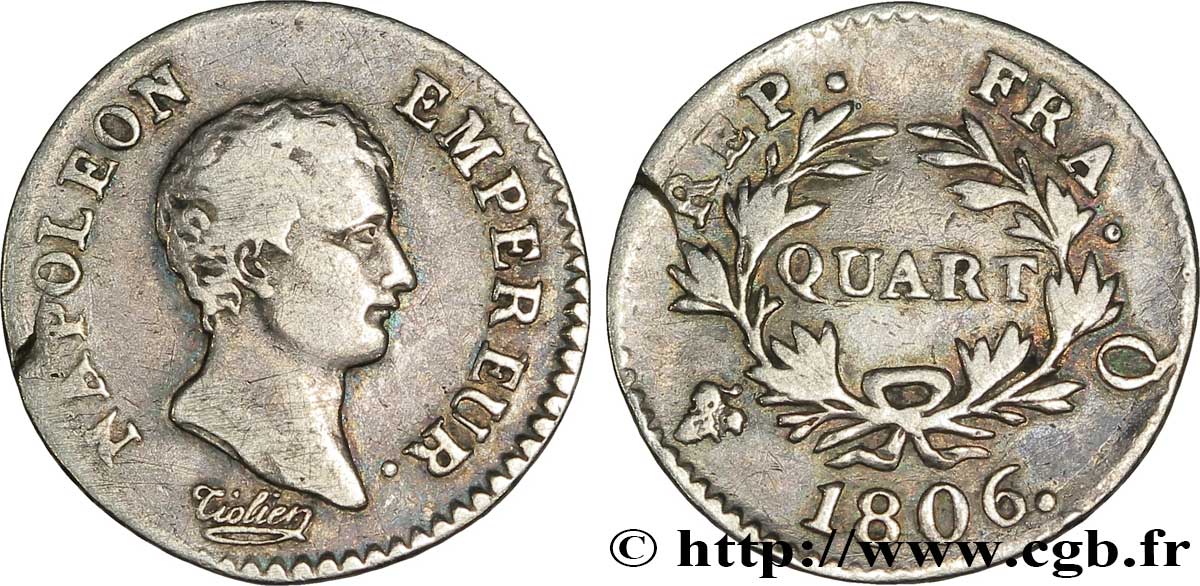 Quart (de franc) Napoléon Empereur, Calendrier grégorien 1806 Perpignan F.159/5 MB 