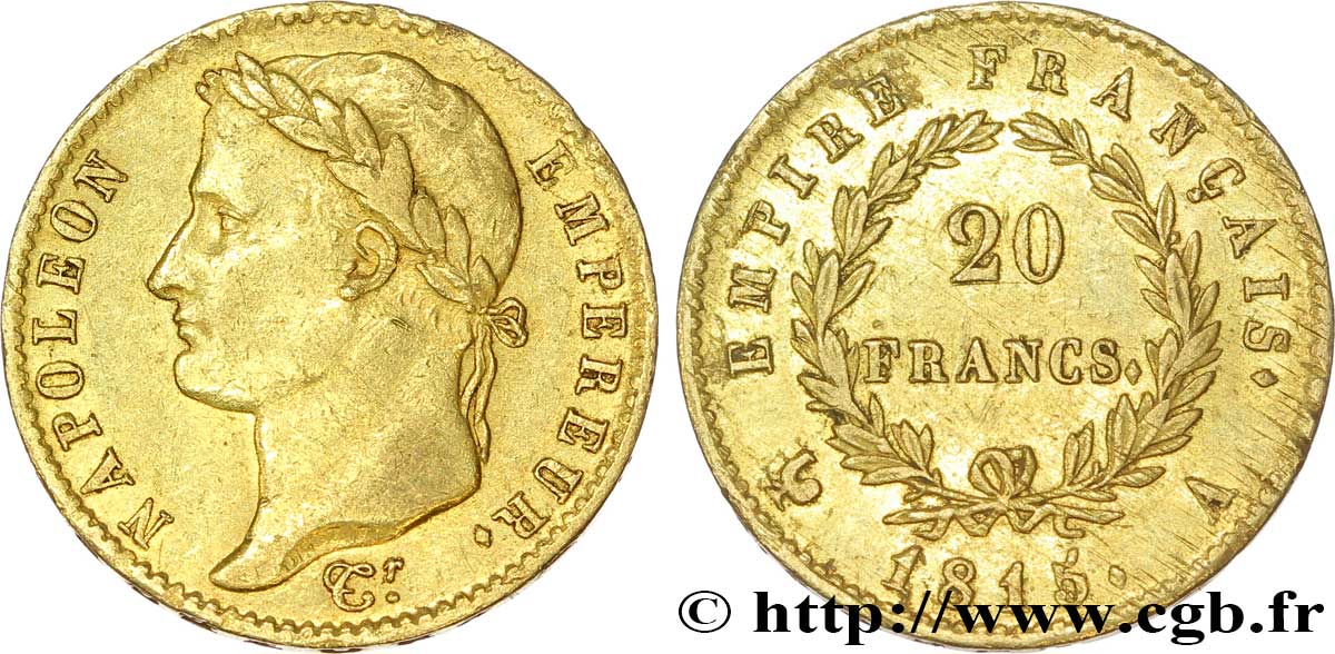 20 francs or Napoléon, tête laurée, Empire français 1815 Paris F.516A/1 SS 