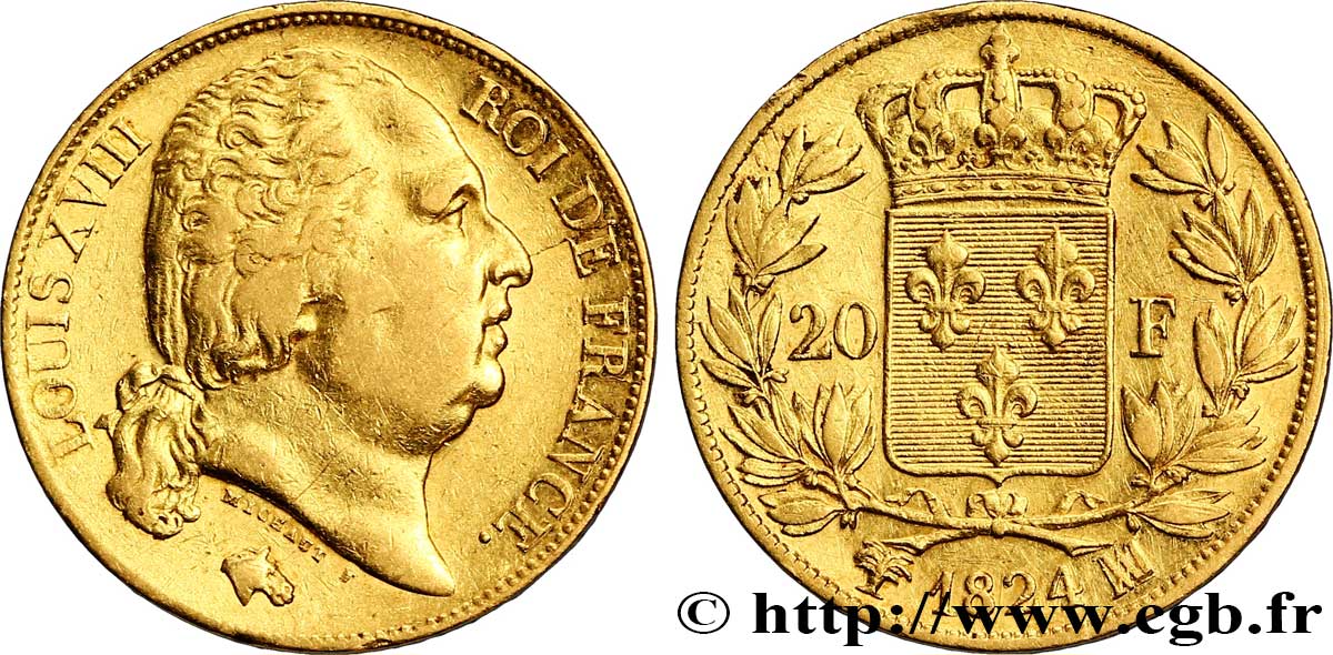 20 francs or Louis XVIII, tête nue 1824 Marseille F.519/32 MBC 