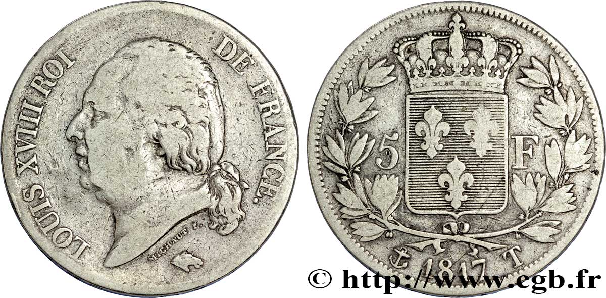 5 francs Louis XVIII, tête nue 1817 Nantes F.309/26 TB 
