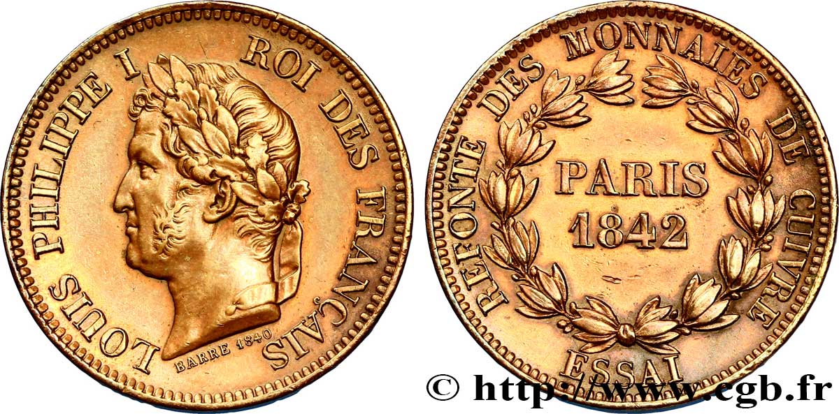 Refonte des monnaies de cuivre, essai au module de 5 centimes 1842 Paris VG.manque  SUP 