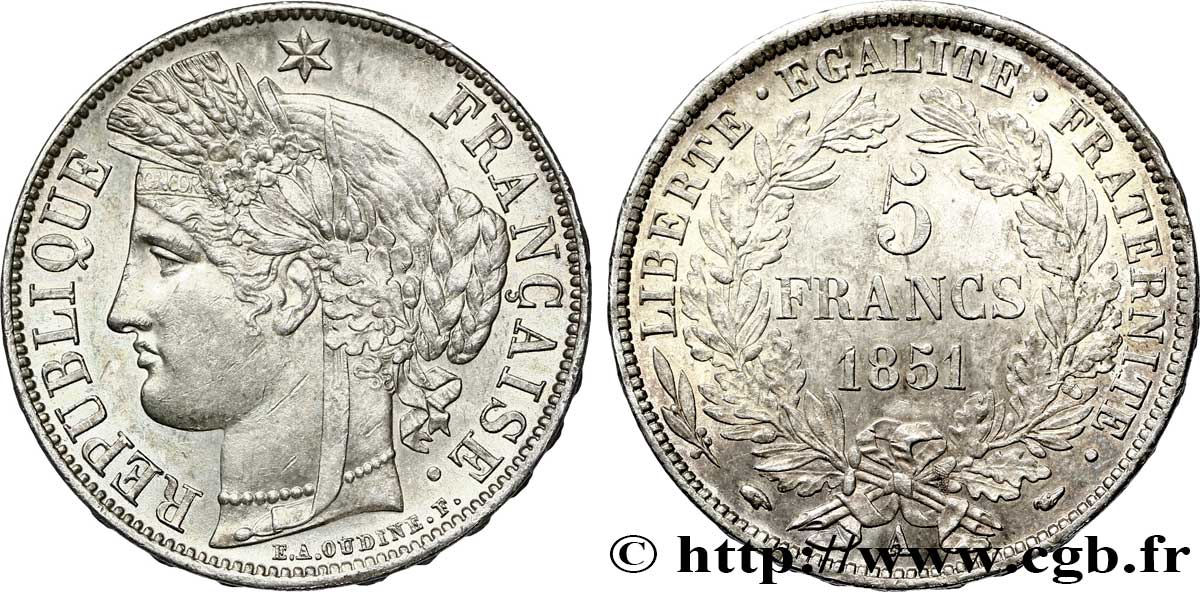 5 francs Cérès, IIe République 1851 Paris F.327/7 EBC 