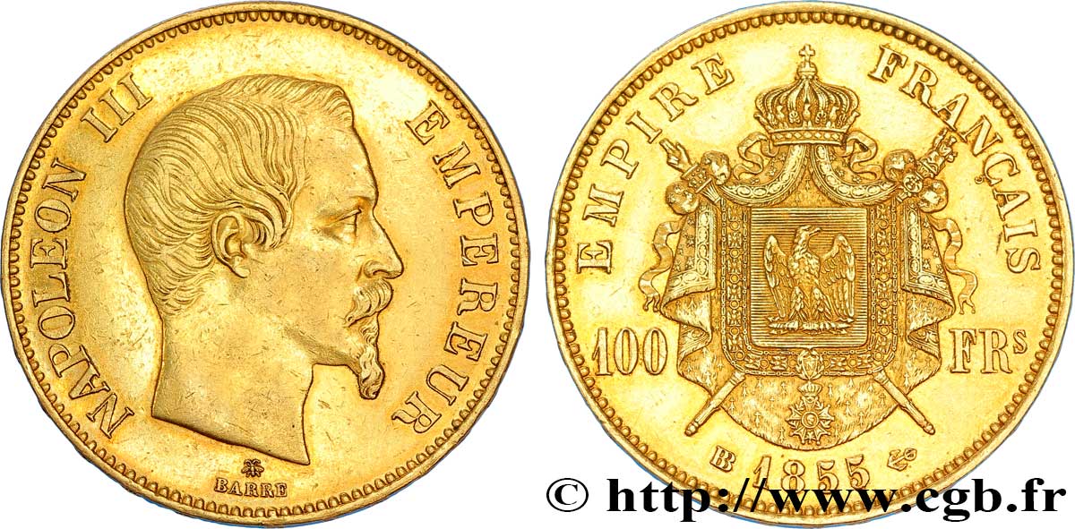 100 francs or Napoléon III, tête nue 1855 Strasbourg F.550/2 XF 