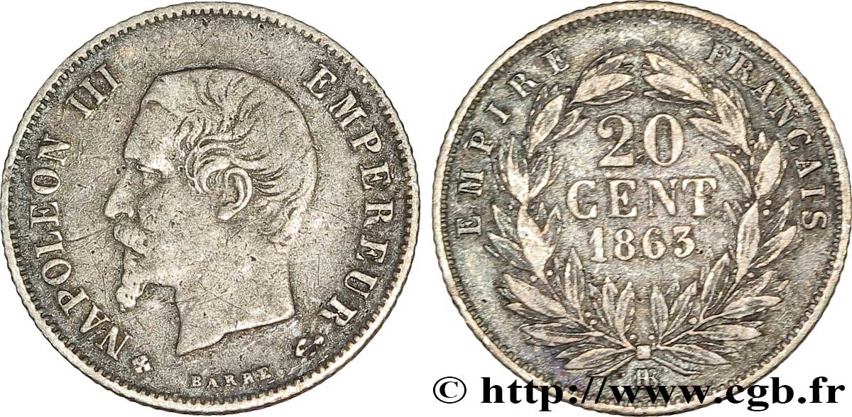20 centimes Napoléon III, tête nue 1863 Strasbourg F.148/18 TB 