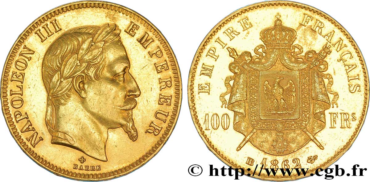 100 francs or Napoléon III, tête laurée 1862 Strasbourg F.551/2 TTB 
