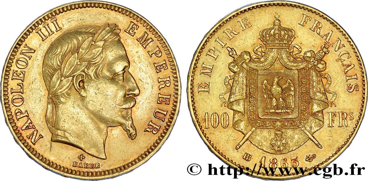 100 francs or Napoléon III, tête laurée 1863 Strasbourg F.551/3 MBC 