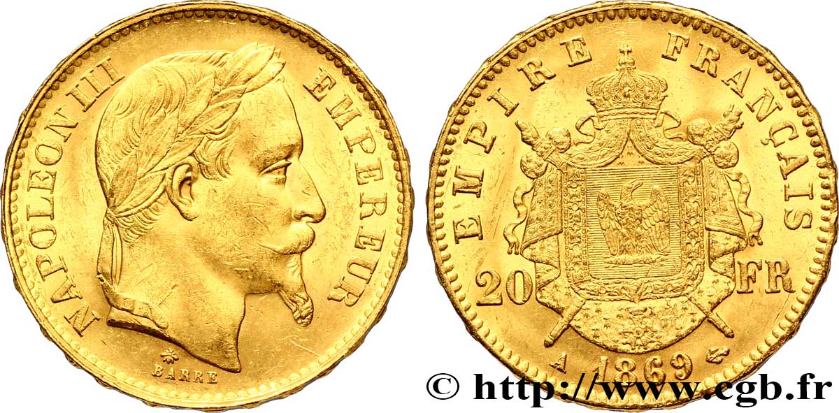 20 francs or Napoléon III, tête laurée 1869 Paris F.532/20 AU 