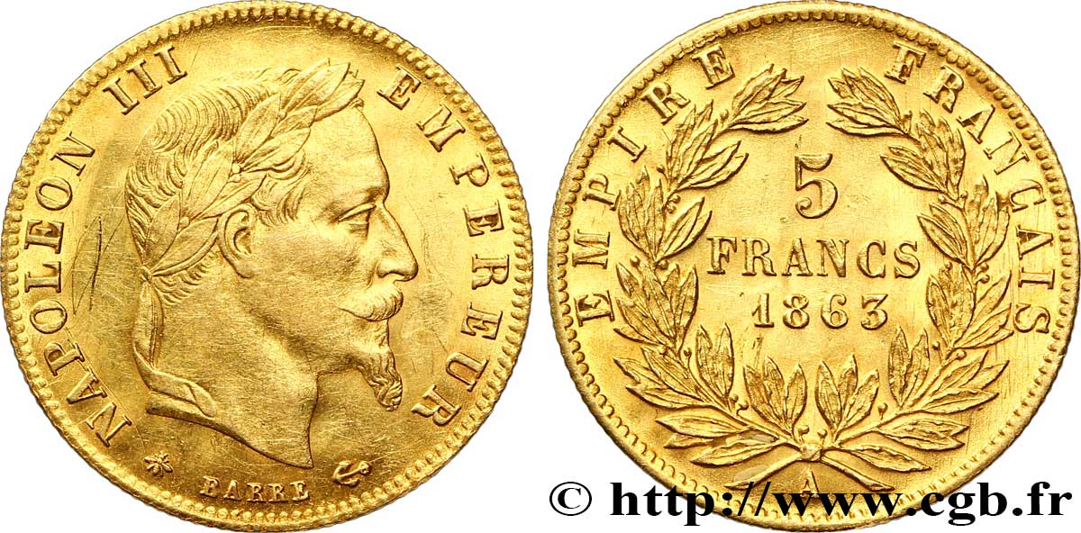5 francs or Napoléon III, tête laurée 1863 Paris F.502/3 VZ 