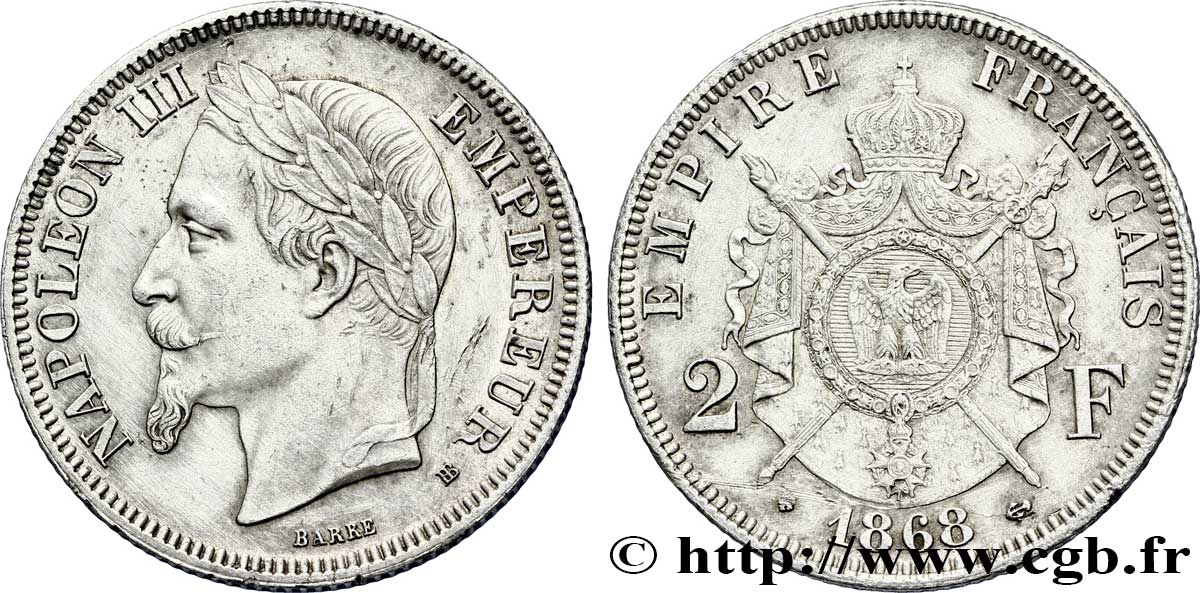 2 francs Napoléon III, tête laurée  1868 Strasbourg F.263/9 VZ 
